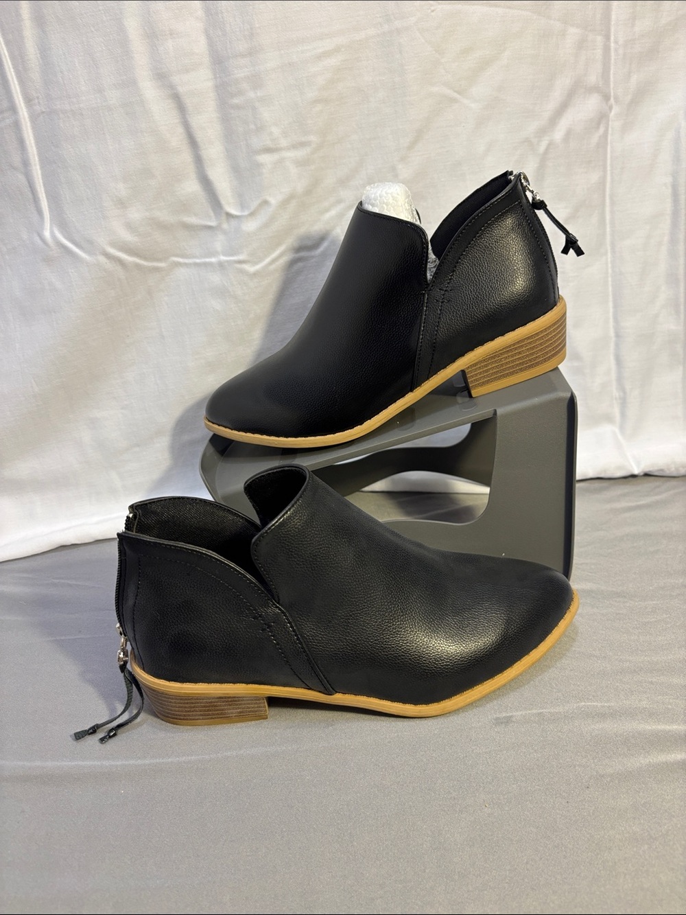 Women's Black Ankle Booties with Tan Sole - Stylish Zip Back